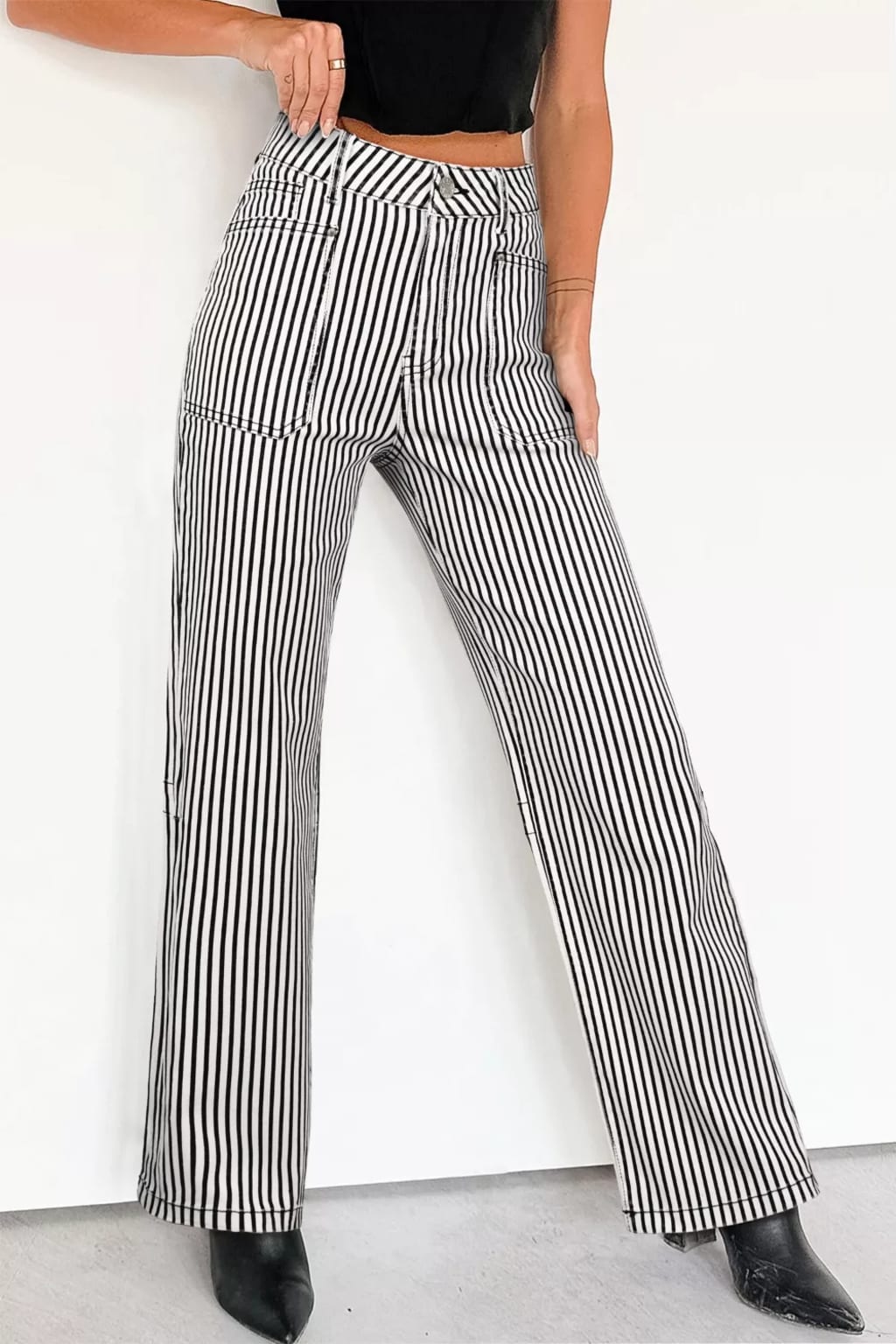 Stripe Patch Pocket High Waist Shift Denim Jeans